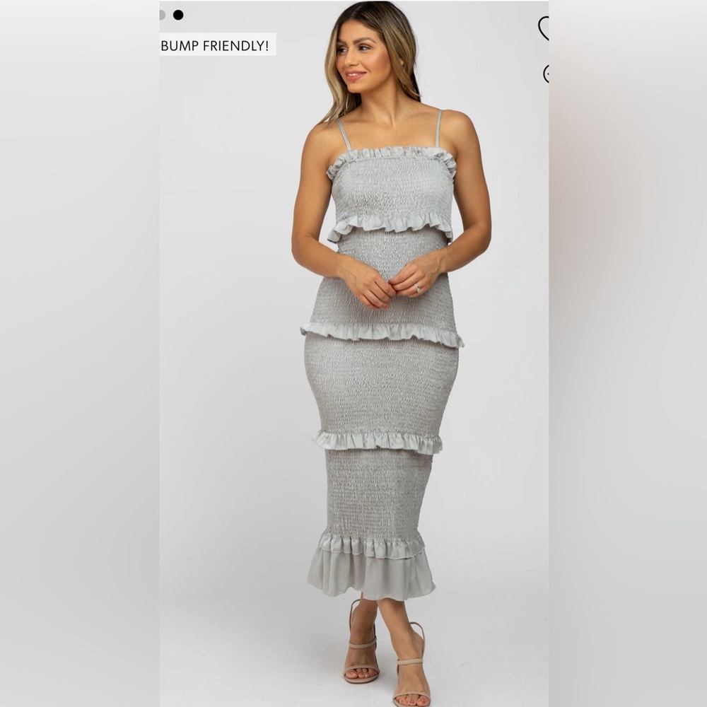 Sage Satin Smocked Fitted Maternity Midi Dress